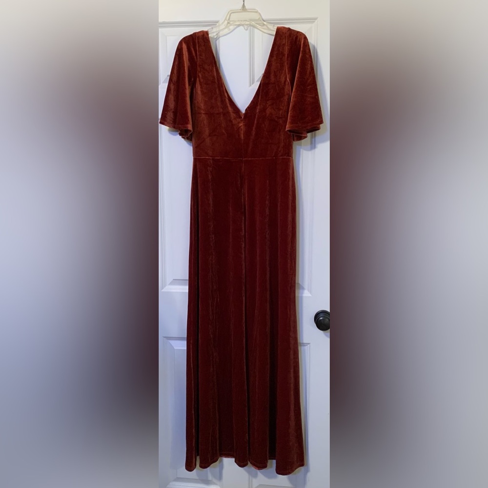 NWT Brick Red 14 DoubleV-Neck Flutter Sleeves Stretch Velvet